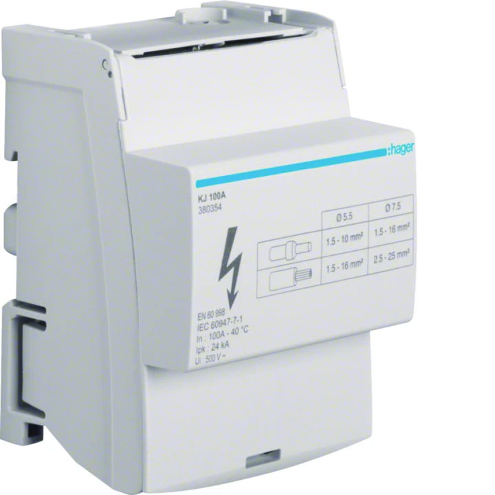 Répartiteur 100A, tétrapolaire, 2x 2,5-25mm²/ 5x 1,5-16² par phase