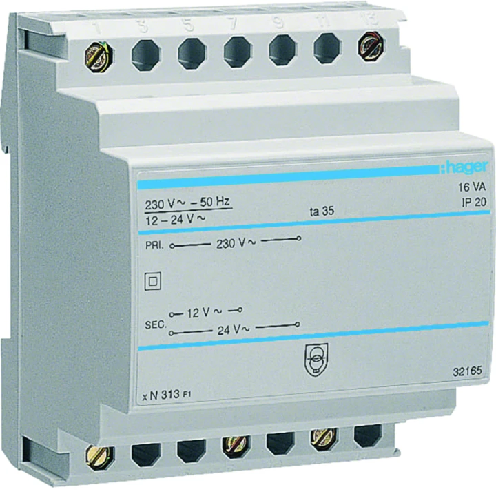 Transformateur de sécurité 16VA 230VAC - 12 - 24VAC 4 modules