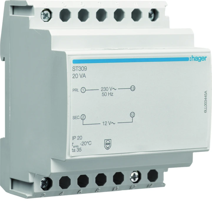 Transformateur de sécurité 20VA 230VAC - 12 - 12VAC 4 modules