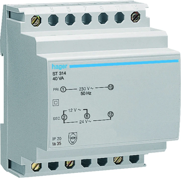 Transformateur de sécurité 40VA 230VAC - 12 - 24VAC 4 modules