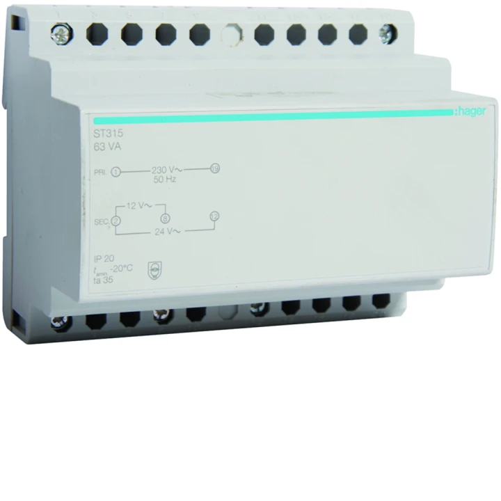 Transformateur de sécurité 63VA 230VAC - 12 - 24VAC 6 modules