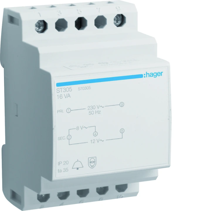 Transformateur de sonnerie 16VA 230VAC - 8 - 12VAC 3 modules