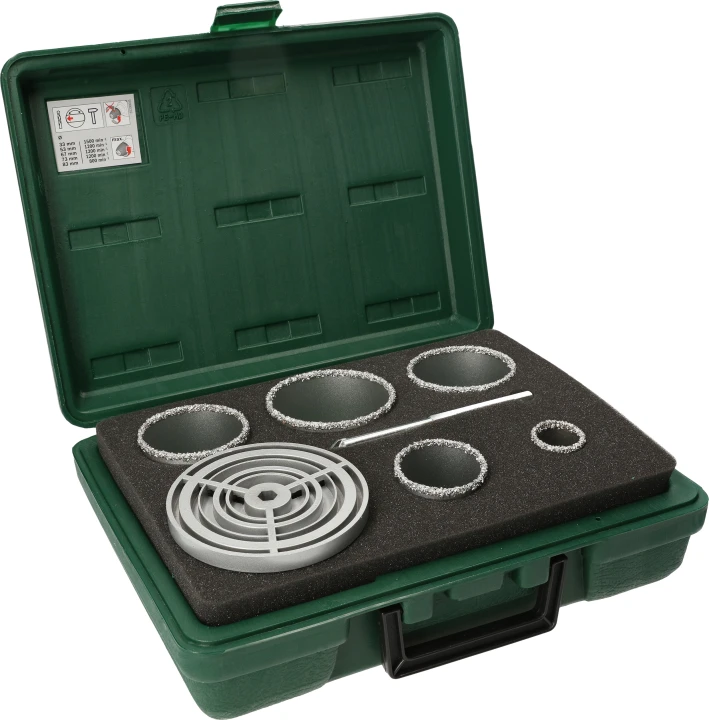 Coffret 5 trépans monob. Concrétion carb. Carrlge,Cér.,Brique Ø33;53;67;73;83mm
